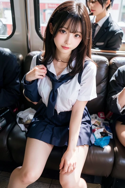 (16k, RAW photos, top quality, masterpiece: 1.2), (realistic, photorealistic: 1.37), 1 girl, Japan girl, schoolgirl, sailor suit, (open legs)), sitting on a crowded train, big, slender, ??????, full open legs, (round swing sexy mini skirt: 1.3), (white open shirt: 1.3), , See-through underwear
