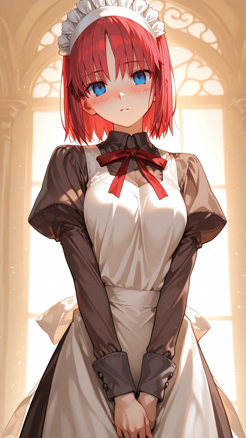 (masterpiece, Highest quality, Very detailed, Beautiful eyes Beautiful details Eyes, Clean and delicate face), alone, (Red Bob Hair, Red eyes), (Maid clothes, White maid headband, mini skirt), thigh, Black gloves, Military boots, (whole body, Standing posture, Glaring at the audience), Simple Background