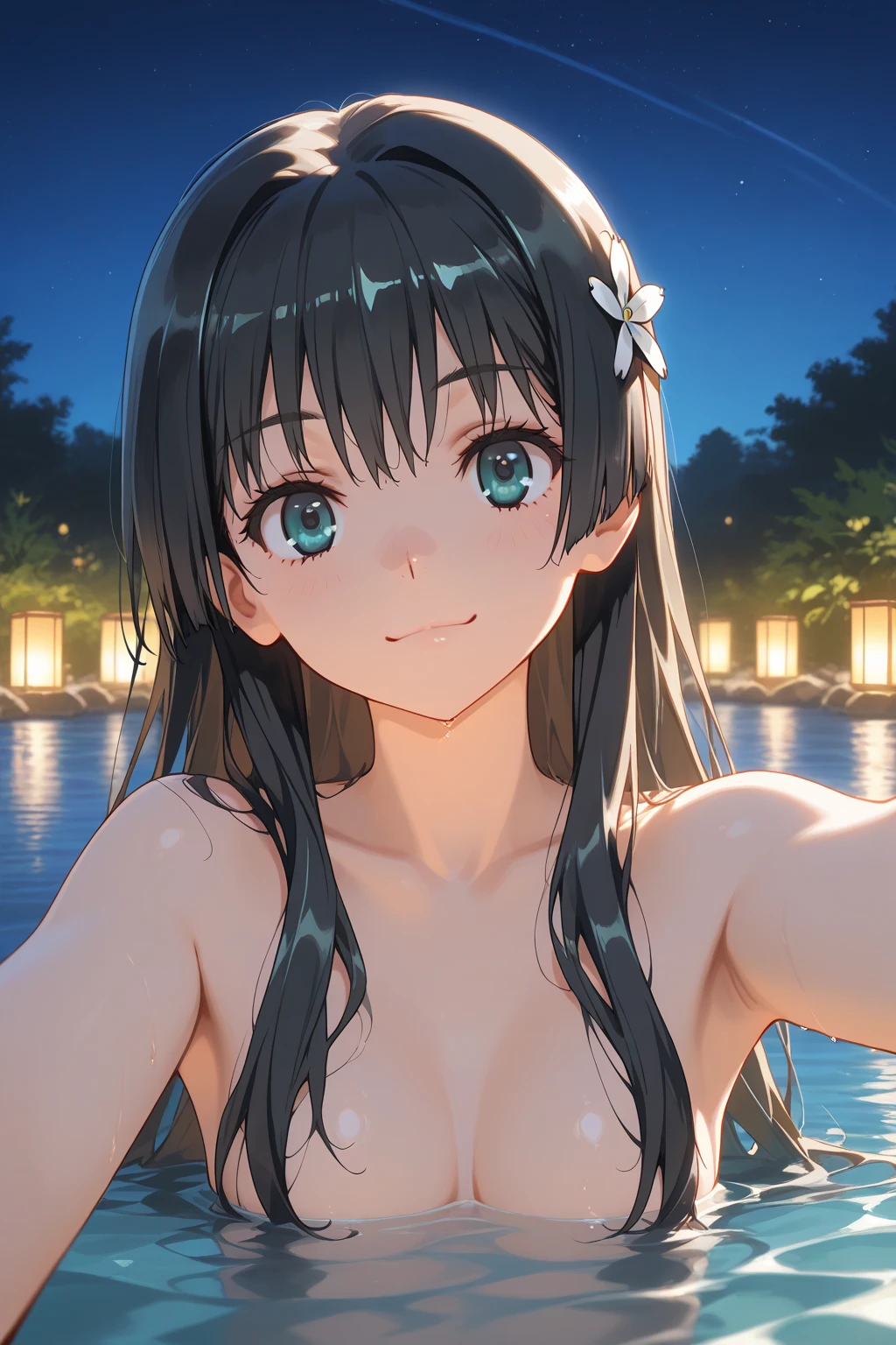 (high quality, High resolution, Finer details, Realistic), Long Wavy Hair、Thick black hair、Earrings、Completely naked、Nipples, sunny, Strong sunlight, alone, Adult female, Sparkling eyes, smile, blush, Large Breasts,  Oily skin, Shallow depth of field、ふくらんだNipples、lean forward to emphasize the chest、Large Breasts、on board