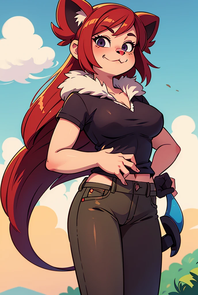 A tall woman, big, sexy, cool, waves, tenderness, cute, strength, big chest, bright red hair, long wavy, her light red eye, medium eyelash, black, pink lip, she wears a red button top, tied knot, shows navel and her light gray pants, wearing a big belt, thigh, sensual sexy, brown shoe, black