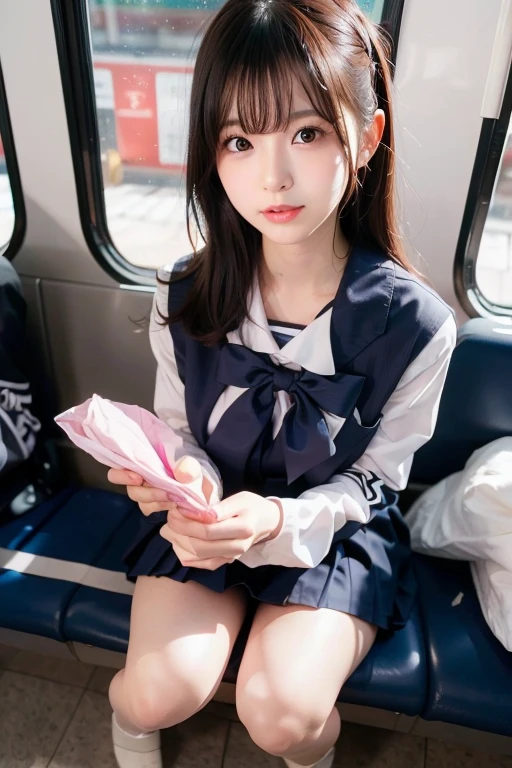top-quality,ultra-detailliert,​masterpiece,realisitic,Photo Real,Bright lighting,1 clove of garlic:1.2), Upper body、Skirt flutters、I can see my panties、kawaii、skinny、small tits、an extremely beautiful 17-year-old girl, (kawaii:1.2),Bursting smile, Black eye,A dark-haired,bobhair、,(bangss),perfect glossy skin,flawless skin,((erotick,sexy for)), large full breasts,big breasts thin waist, Look at viewers,a sailor suit,high-school uniform:1.2、shortsleeves,neck tie,raise,sockes、Futomo、(Loafer shoes), during daytime,On the train,