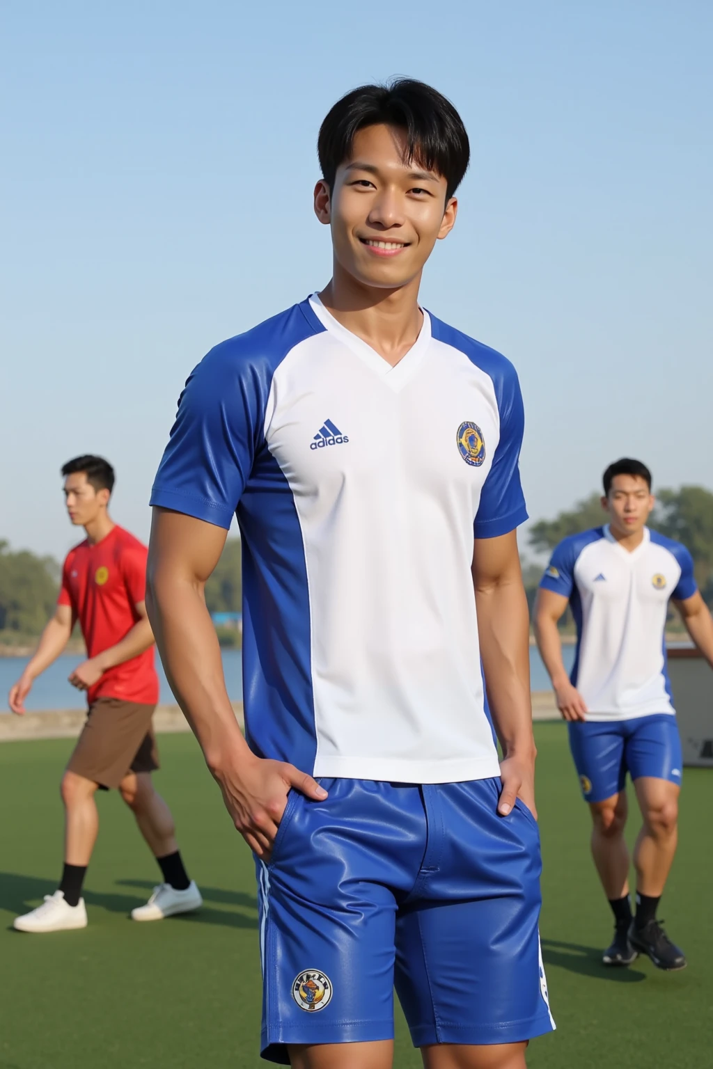 in {soccer field|bedroom|locker room|random place},at {sunrise|morning|afternoon|sunset|night},
{full body shot|half body shot|head shot},realistic,Asian soccer man in soccer kits,(mature:1.1),handsome,random expression,
handsome posing,