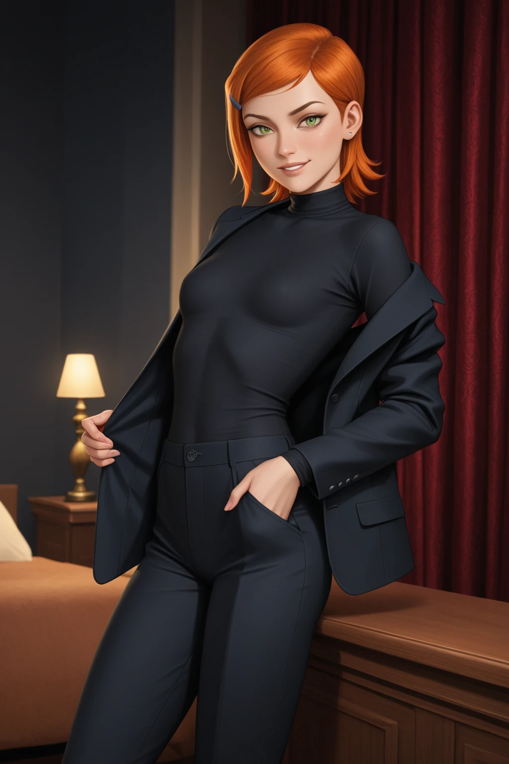 (high-quality,4k,8k,highres,masterpiece:1.2),ultra-detailed,(realistic,photorealistic,photo-realistic:1.37),vivid colors,sharp focus,professional,portraits,beauty red short hair,(beautiful detailed eyes:green,almond-shaped),(beautiful detailed lips),(extremely detailed face),perfect body,perfect proportion,(latin facial features:1.1),sensual smile,little tattoo,sexy dynamic pose,full body,black leggings, blood rayne, rayne from the game bloodrayne