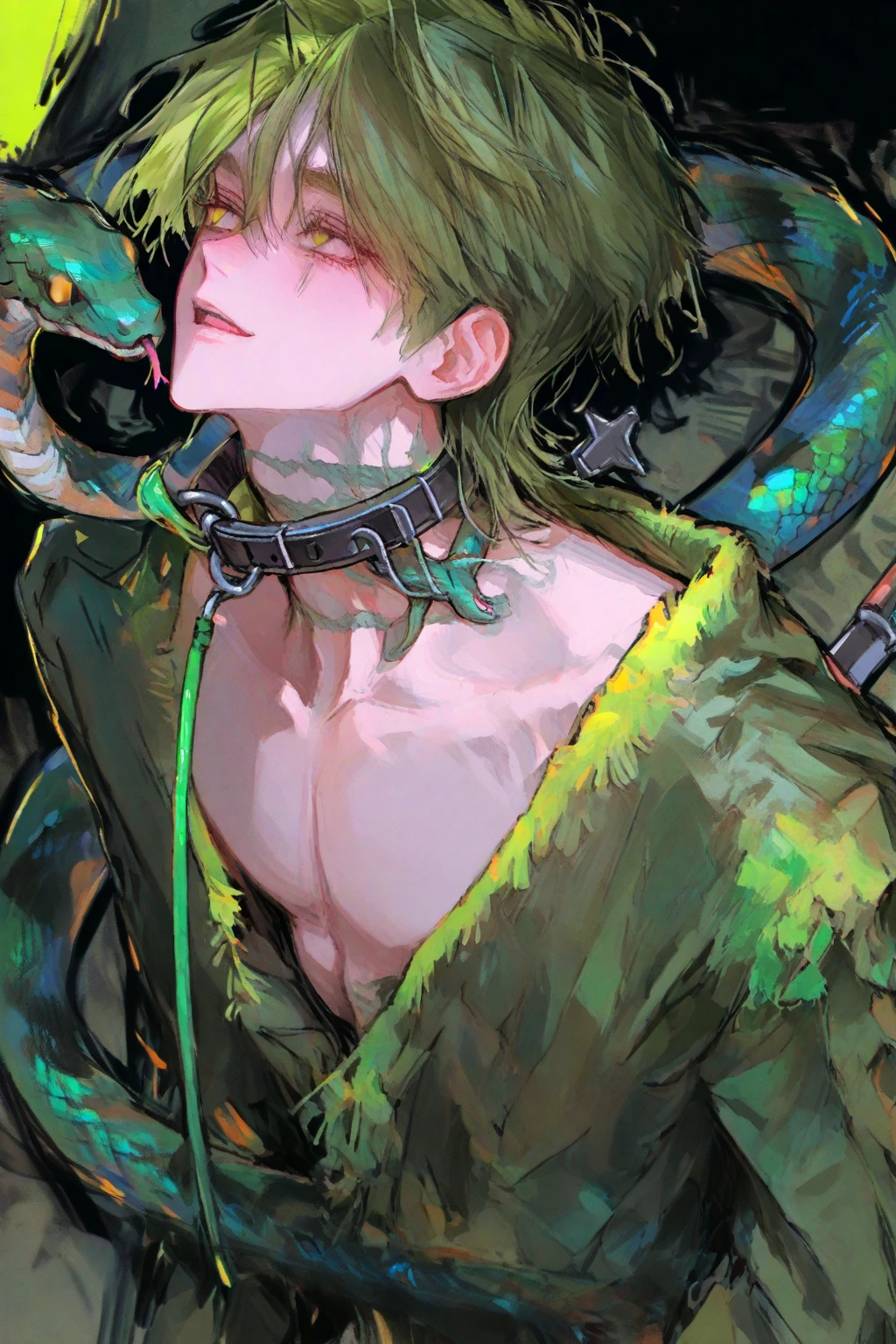 Human body, snake's tail, green hair, red eyes, male, handsome,