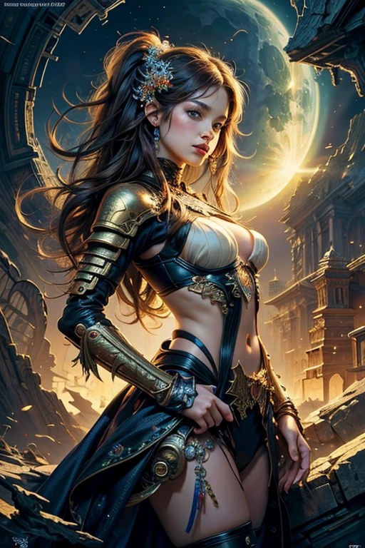 teen emma watson as a female warrior sitting on a fence. tight intricate medieval costume. slender body. medieval castle. night. background moon.