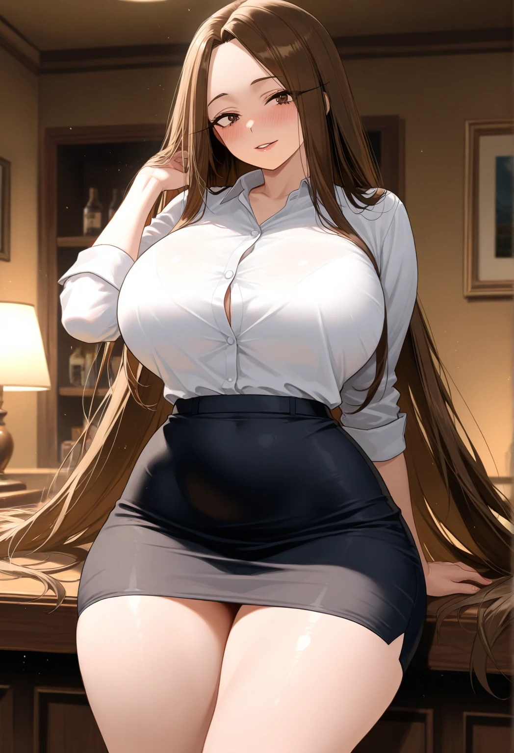 a beautiful anime woman with large breasts and curvy hips, wearing an oversized shirt with no pants, long dark hair, brown eyes, hyper detailed, photorealistic, 8k, masterpiece, high quality, exquisite, intricate details, chiaroscuro lighting, cinematic composition, dynamic pose, sensual, elegant