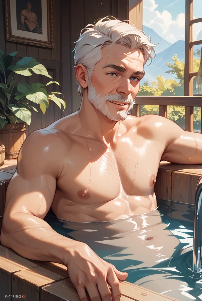 night,Japanese hot springs,muscle,a mature man,beard,Blonde,Long Hair,Taking a bath in a hot spring,smile