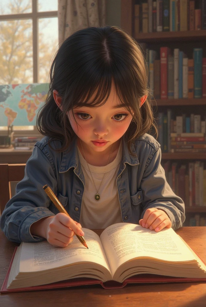 open English book and a child studying for it.