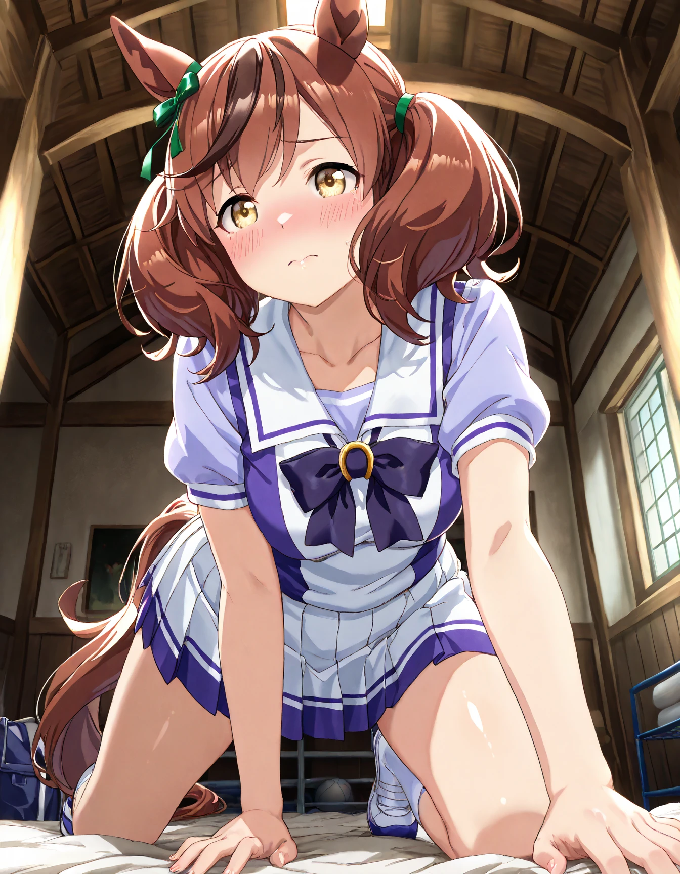 full body, barefoot, masterpiece, a beautiful schoolgirl, (fantasy library background), erotic photoshoot, bent over a desk, from behind, schoolgirl uniform, shackles on legs, cow bell on choker, happy face, looking to the viewer, big open eyes, blush