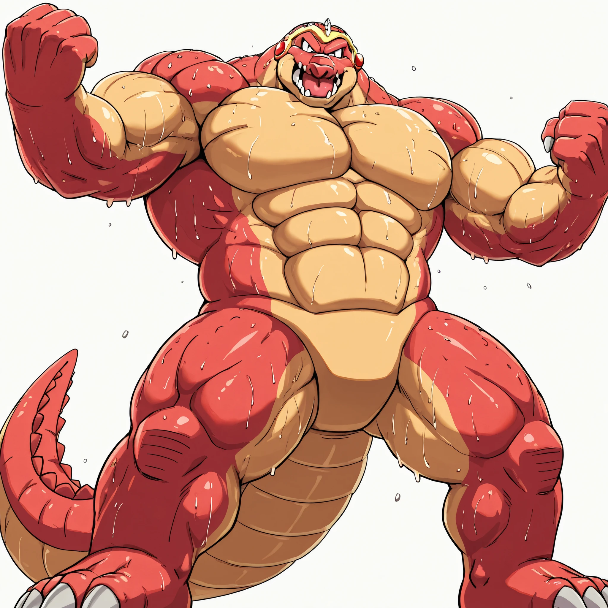 solo, Crocodine - Dragon Quest, no armour, naked nudity, heavy weight bulky muscular, massive strong large body, big pectoral muscules, thick tighs, looking at viewer, roaring, large fang, strong posing, looking at viewer, sweaty body, glossy skin, fullbody standing, from below, white background