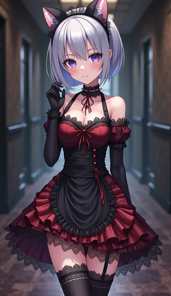​Masterpiece, top quality, and soul ,Poker face, daytime, red eyeshadow red eyeliner: 1.2, ((8k)),:4.5,(NSFW:1.2),red light、silver hair