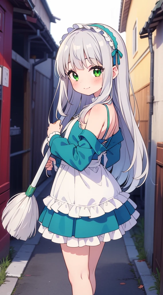 score_9, score_8_up, score_7_up, uncensored, source_anime, <lora:spblendsKanzakiHideriXL:1> hideridef, otoko no ko, hair bow, black hairband, dress, short sleeves, frills, waist apron, frilled apron, skirt, white gloves, white thighhighs