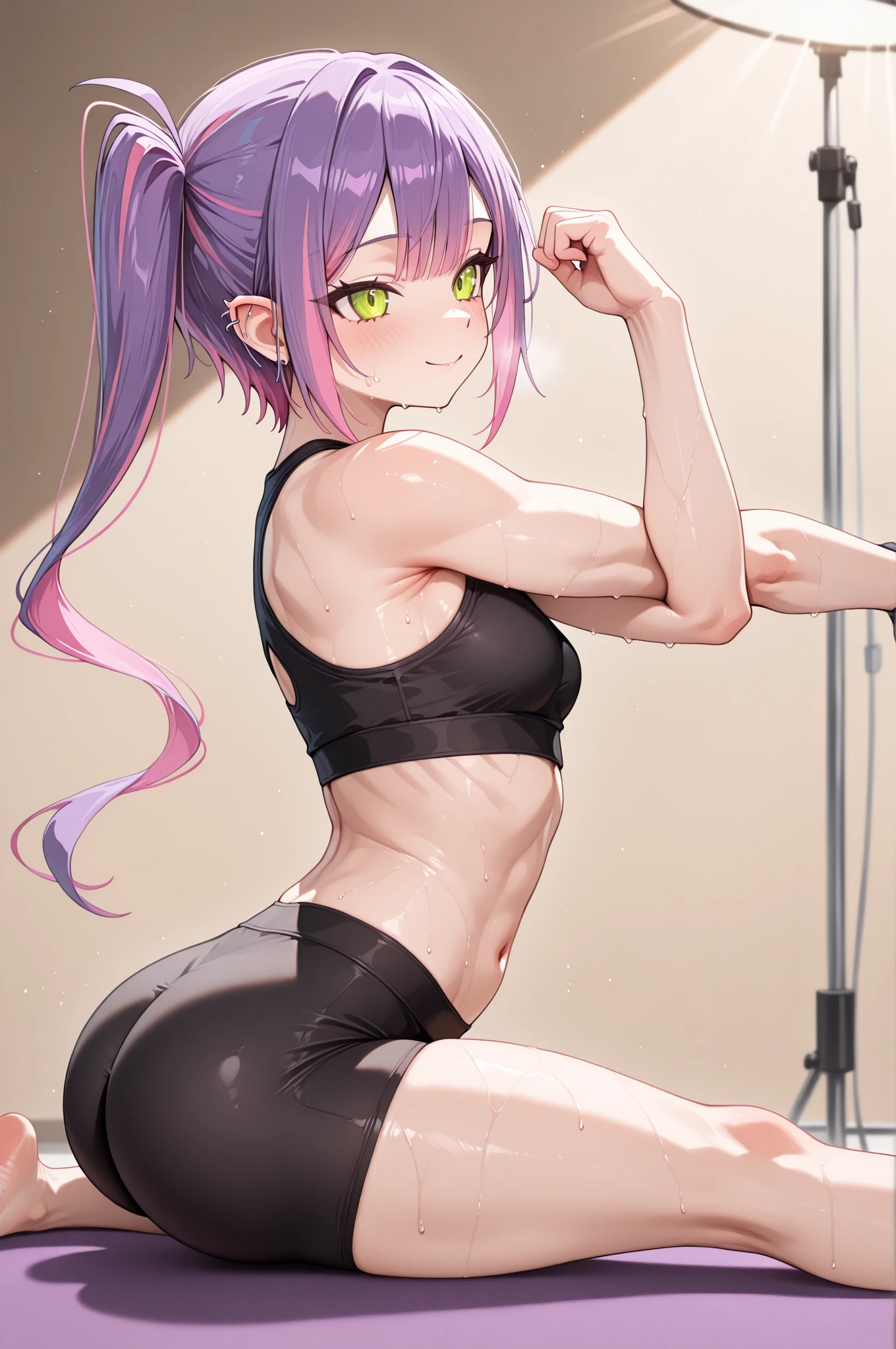 score_9, score_8_up, source_anime, 1girl, solo, SakuraMatou, purple hair, purple eyes, long hair, hair ribbon, from behind, looking back, hands on hips, sports bra, black shorts, ass, <lora:ChamSakuraMatouPonyXL:1>