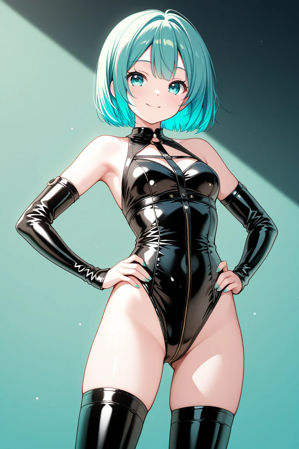 masterpiece, best quality, 8k, artstation, wallpaper, official art, sharp focus, beautiful woman, brown skin, cyan hair, semi-naked sexy woman, hentai, perfect face, leather clothing, little clothing, short hair, punk hair, shaved sides, mohawk, cyberpunk, (solo), toucan mask, heavy metal singer