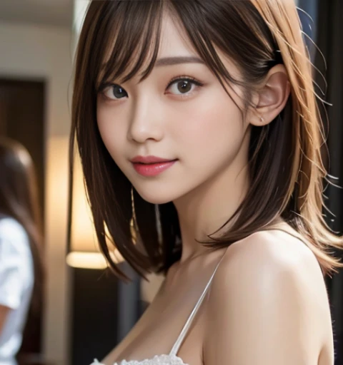 masterpiece、Highest quality、High resolution、Tabletop、wallpaper、Realistic、Bright lighting、Professional Lighting、Face Light、Smooth lighting、Japanese women、Adult、((Beautiful Makeup:1.2))、((Strapless camisole:1.4))、Beautiful woman、action、gravure、sexy、poor、so beautiful、Beautiful Skin、Beautiful and detailed、Detailed face、slim、moderately、short hair、Brunette Hair、Brown eyes、Looking at the camera、