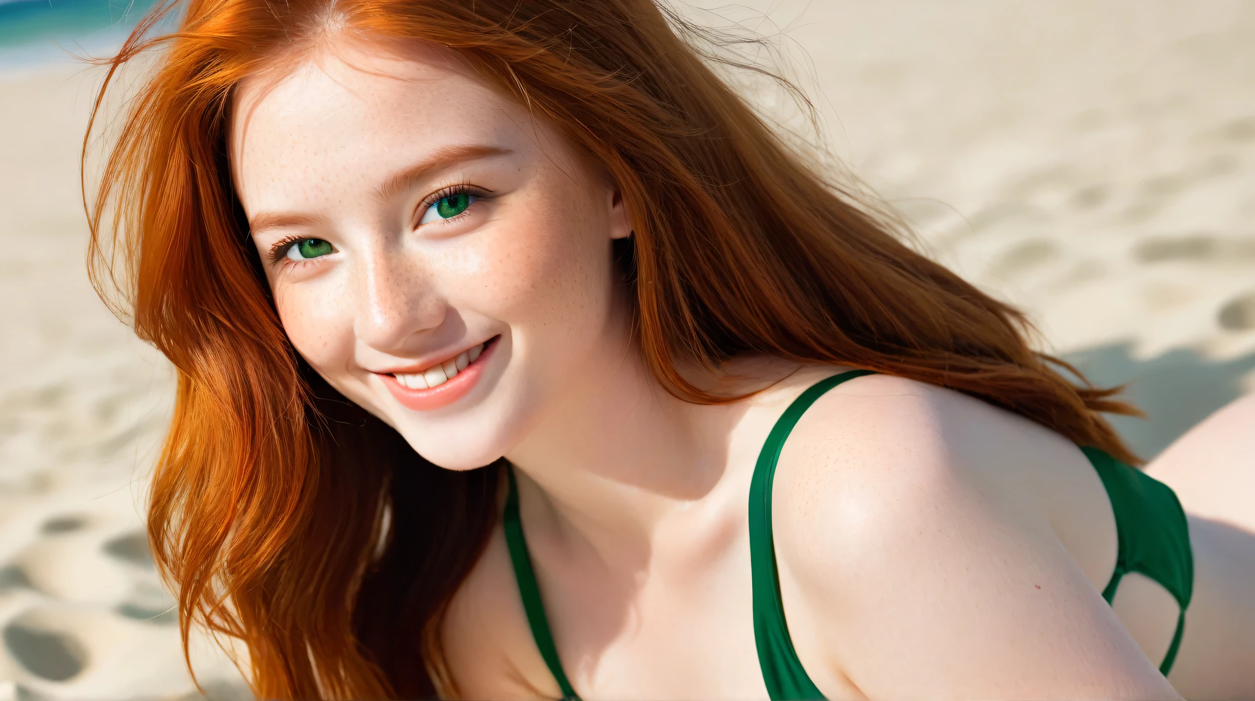 A beautiful 18-year-old Irish girl with red hair, green eyes, and small freckles on her face is smiling at you, wearing a sexy dark green bikini, big breasts, on a sandy beach.