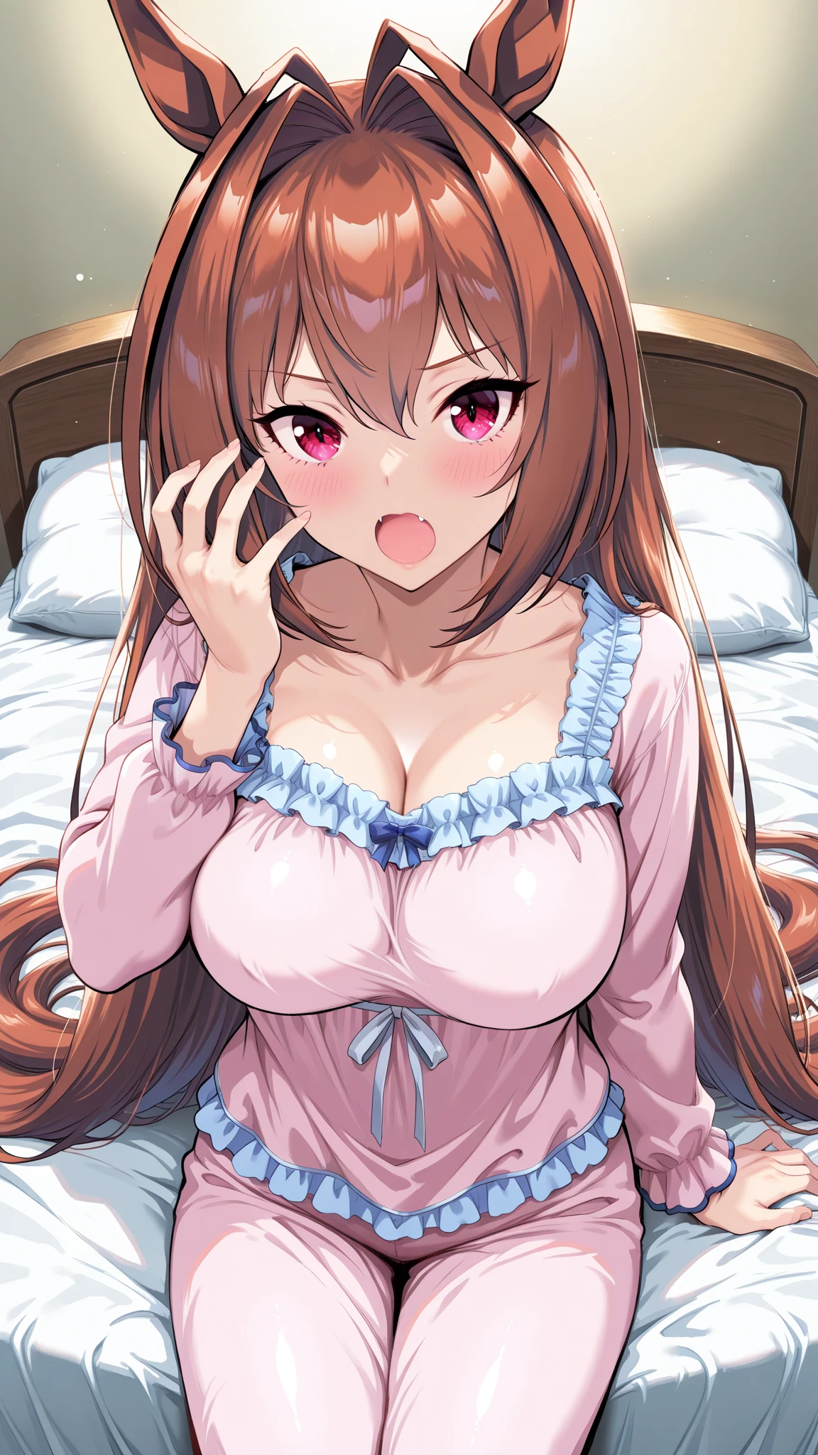 ((masterpiece)), ((best quality)), (ultra-detailed), anime style, look down from above, on the bed, a cute girl, 1girl, solo, underwear00, ((beautiful eyes)), smile, ((open chest)),  ((cute nipples)),