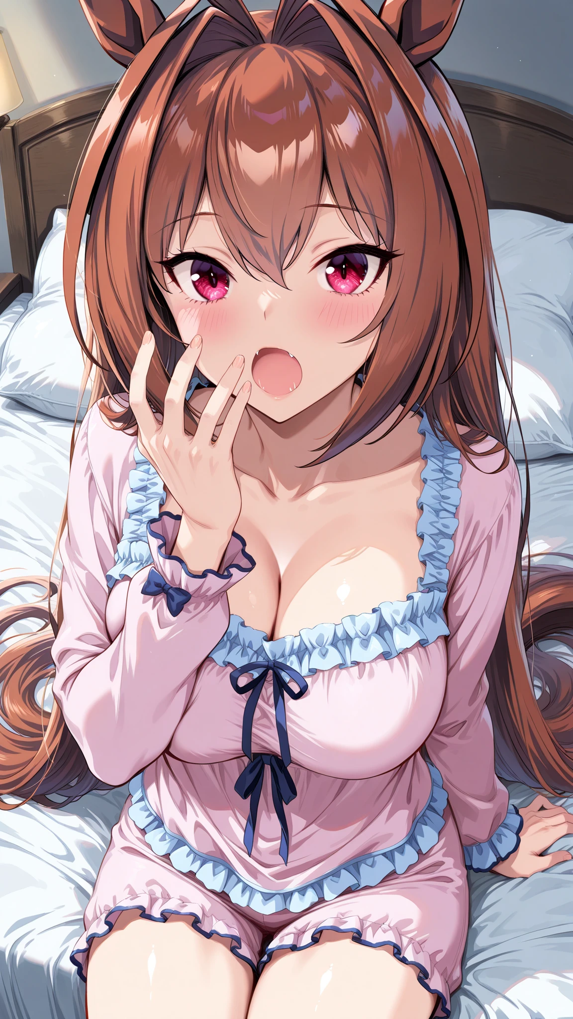 ((Highest quality)), ((masterpiece)), (detailed), One girl, Off-the-shoulder sweater, The highest masterpiece、Anime Coloring、Ultra fine、16K、Highest quality、from above、upper body、looking up、light smile、((((blush))))、sparkle in the eyes、detailed eyes、Looking up、bed、((Cover your mouth with a blanket))、Stylish room、Cute pink pajamas、((Pajamas with all the buttons open))、((Sky blue color bra))、Small breasts、Yellow Eyes、Cleavage