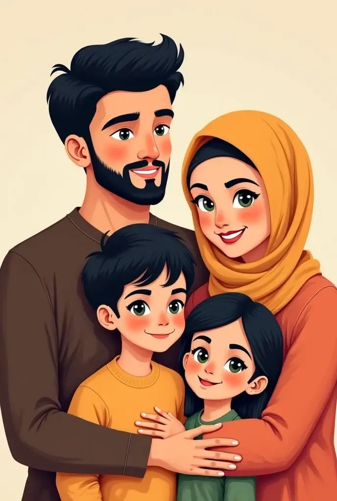 ((best quality)), ((masterpiece)), (detailed), cute cartoon An asian muslim family consisting of a father and mother with their three sons. Two toddlers and a baby. The first son is 7 years old, the second son is 5 years old, and the third son is a 4-month-old baby.