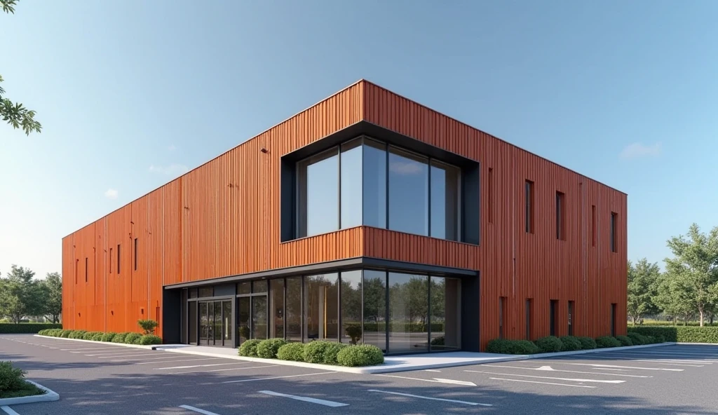 A modern industrial factory office building with clean and minimal design. The exterior is clad in vertically oriented corrugated metal panels in a uniform reddish-orange color. The metal cladding features evenly spaced, straight, parallel ridges that create a consistent wave pattern across the façade. The front of the building includes large floor-to-ceiling glass panels with black metal frames, allowing visibility into the interior. The building is surrounded by a wide, clean asphalt parking lot with clearly marked white lines. Sparse landscaping with a few small trees and plants enhances the modern look. The sky is clear and blue, suggesting a sunny day. Industrial yet elegant and functional architecture.

