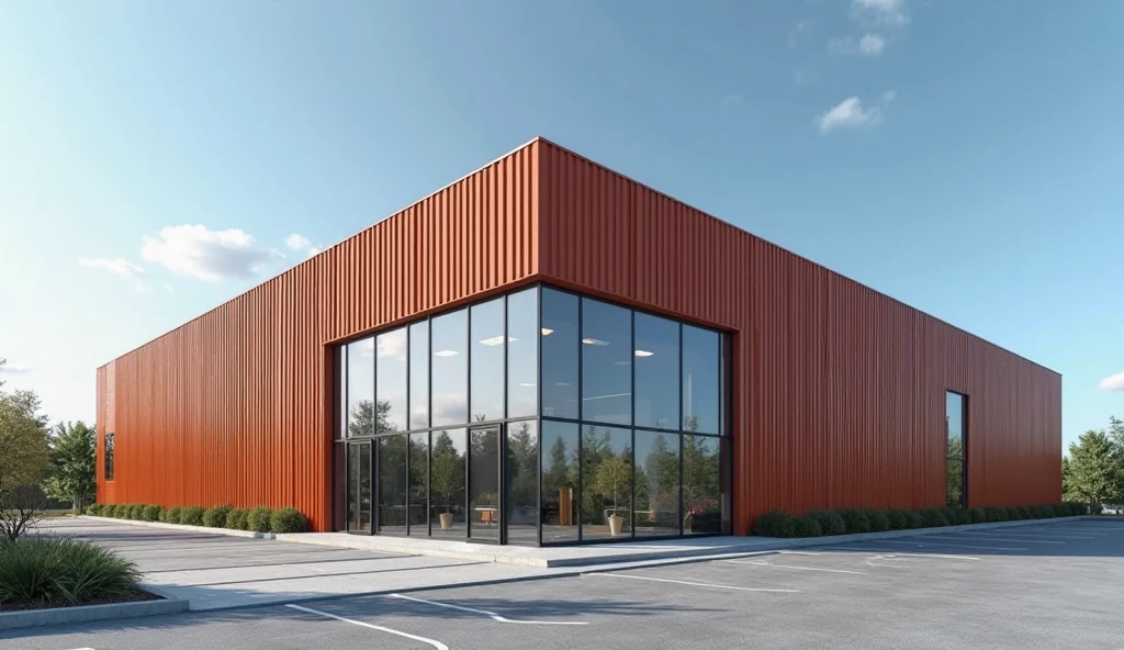 A modern industrial factory office building with clean and minimal design. The exterior is clad in vertically oriented corrugated metal panels in a uniform reddish-orange color. The metal cladding features evenly spaced, straight, parallel ridges that create a consistent wave pattern across the façade. The front of the building includes large floor-to-ceiling glass panels with black metal frames, allowing visibility into the interior. The building is surrounded by a wide, clean asphalt parking lot with clearly marked white lines. Sparse landscaping with a few small trees and plants enhances the modern look. The sky is clear and blue, suggesting a sunny day. Industrial yet elegant and functional architecture.

