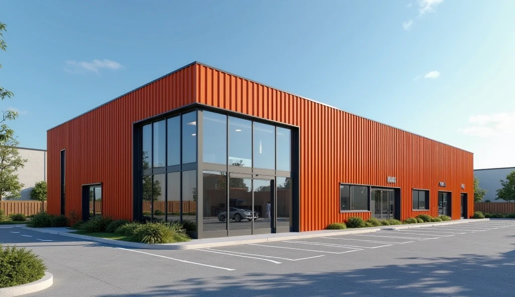A modern industrial factory office building with clean and minimal design. The exterior is clad in vertically oriented corrugated metal panels in a uniform reddish-orange color. The metal cladding features evenly spaced, straight, parallel ridges that create a consistent wave pattern across the façade. The front of the building includes large floor-to-ceiling glass panels with black metal frames, allowing visibility into the interior. The building is surrounded by a wide, clean asphalt parking lot with clearly marked white lines. Sparse landscaping with a few small trees and plants enhances the modern look. The sky is clear and blue, suggesting a sunny day. Industrial yet elegant and functional architecture.

