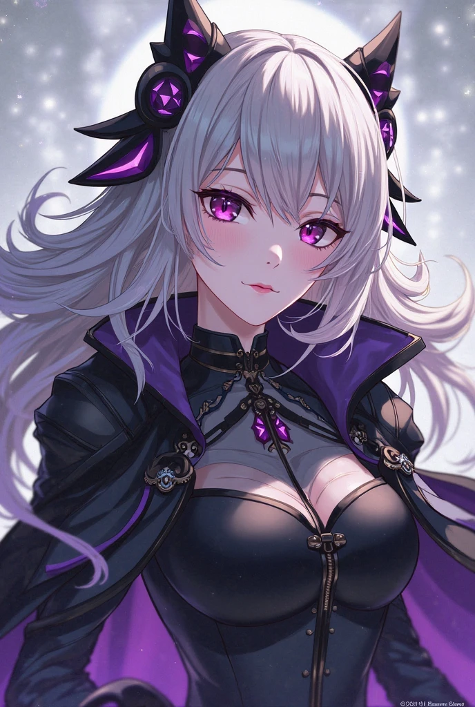 Masterpiece, close up, fantasy world, medieval setting, cave, dark, ice cave, ice, adult woman, evil, witch, purple eyes, white hair, medium messy hair, wicked grin, narrowed eyes, black cloak, jewelry, cleavage, black cape
