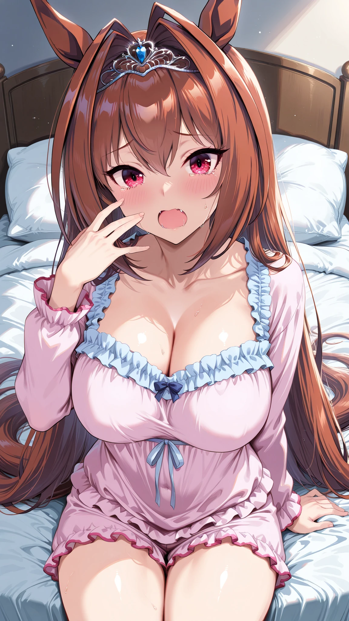 Cute little beautiful girl、、naked、After the climax(blush:1.5)、Embarrassed、、Open pajamas、Beautiful breasts,Tied up hair、