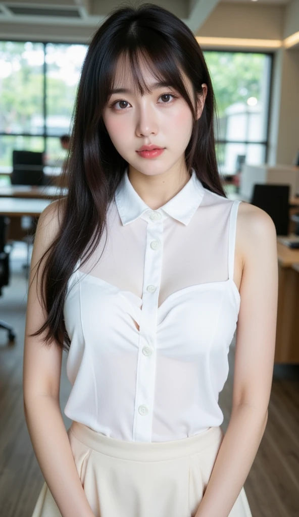 absurdres, RAW photo, extremely delicate and beautiful, masterpiece, Best Quality, ultra high resolution, 32k, hyperrealistic, ultra-detailed, perfect anatomy, super Detailed skin, perfect figure, Super Beauty, Perfect Style, Perfect balance, Beautiful Lighting, Perfect Lightning, Realistic Shadows, 20 years old, very Slim body, narrow waist, very small head, very small face, delicate facial features, handsome detailed woman, very detailed eyes and face, realistic face proportions, Realistic beautiful face, Realistic beautiful eyes, tearful mole, earring, very huge round breasts, legs, medium hair, whole body shot, indoor, tight black skirt, White t-shirt,