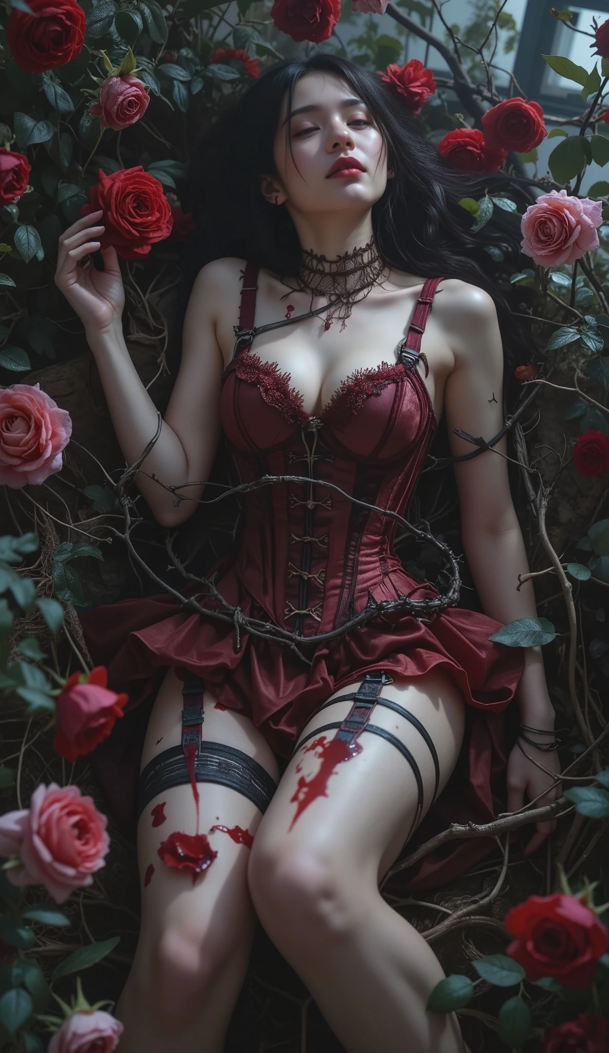 subject: vampiress lying among blooming roses with mouth slightly parted, thorns coiled around her body, drops of blood feeding the petals
outfit: deep burgundy corset with blood-soaked rose embroidery, thorn-laced garter belts, sheer web-like stockings, no shoes
fabric details: blood-drenched velvet, silk-thorn threadwork, rose-fiber mesh, vine-strapped seams
garment style: symbiotic corsetry, rose-fed lingerie, dark garden seductress
color tone: burgundy, dried blood, dark olive, muted rose gold, bone white
pattern type: rosevine entwinement, bleeding petals on thigh, webbed garter crosses
pose: lying in overgrown garden, head tilted back into roses, thorn wrapped on leg, expression of satisfied hunger
lighting: dim red floral glow from below, soft overhead blue-grey mist
background: enchanted vampire garden, blooms opening to drink spilled blood, thorns pulsating
style: dark symbiosis, seductive garden hunger, eternal bloom of death
camera angle: full top view from above, centered among blooming roses
lens: 35mm flat-plane focus
rendering style: macro-level floral detail, translucent blood-glow, velvet sheen realism
mood: dangerous serenity, floral temptation, sensual communion with death
keywords: vampire garden corset, thorn seduction, blood-fed roses, rose temptation lingerie, gothic bloom death beauty