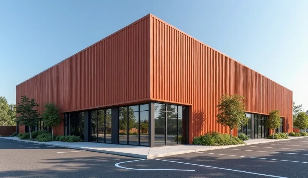 A modern industrial factory office building with clean and minimal design. The exterior is clad in vertically oriented corrugated metal panels in a uniform reddish-orange color. The metal cladding features evenly spaced, straight, parallel ridges that create a consistent wave pattern across the façade. The front of the building includes large floor-to-ceiling glass panels with black metal frames, allowing visibility into the interior. The building is surrounded by a wide, clean asphalt parking lot with clearly marked white lines. Sparse landscaping with a few small trees and plants enhances the modern look. The sky is clear and blue, suggesting a sunny day. Industrial yet elegant and functional architecture.

