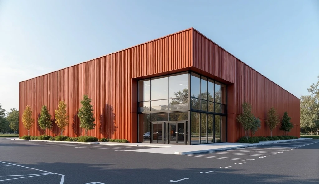 A modern industrial factory office building with clean and minimal design. The exterior is clad in vertically oriented corrugated metal panels in a uniform reddish-orange color. The metal cladding features evenly spaced, straight, parallel ridges that create a consistent wave pattern across the façade. The front of the building includes large floor-to-ceiling glass panels with black metal frames, allowing visibility into the interior. The building is surrounded by a wide, clean asphalt parking lot with clearly marked white lines. Sparse landscaping with a few small trees and plants enhances the modern look. The sky is clear and blue, suggesting a sunny day. Industrial yet elegant and functional architecture.

