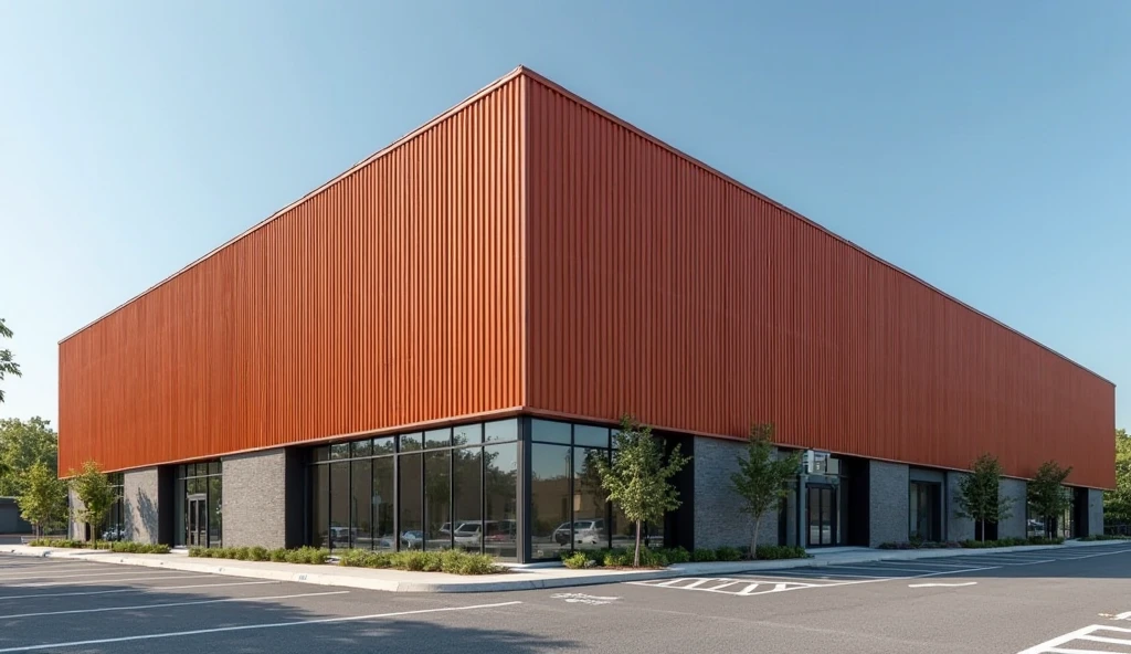 A modern industrial factory office building with clean and minimal design. The exterior is clad in vertically oriented corrugated metal panels in a uniform reddish-orange color. The metal cladding features evenly spaced, straight, parallel ridges that create a consistent wave pattern across the façade. The front of the building includes large floor-to-ceiling glass panels with black metal frames, allowing visibility into the interior. The building is surrounded by a wide, clean asphalt parking lot with clearly marked white lines. Sparse landscaping with a few small trees and plants enhances the modern look. The sky is clear and blue, suggesting a sunny day. Industrial yet elegant and functional architecture.

