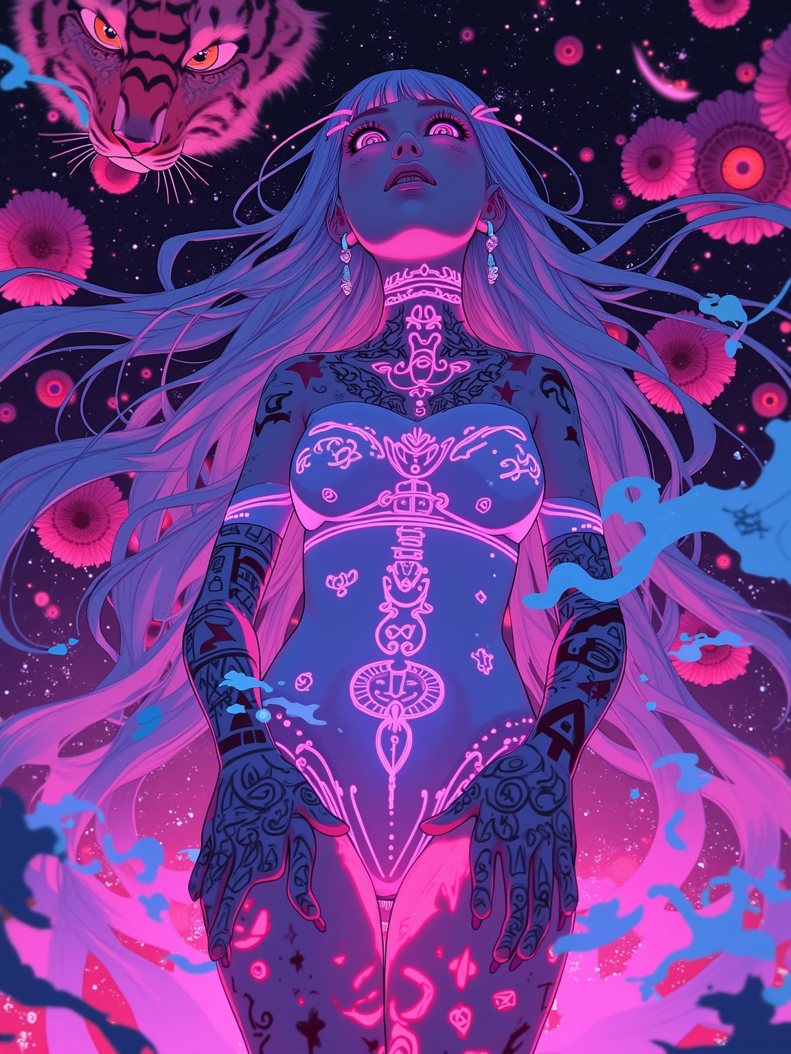 (Extremely bright viscous metallic liquid, ""com muitas borboletas coloridas ao seu redor""Oily iridescent rainbow colors,Cute exotic hair teapot and blonde girl with amazing radiant eyes bathing in black bikini in a desert lake,