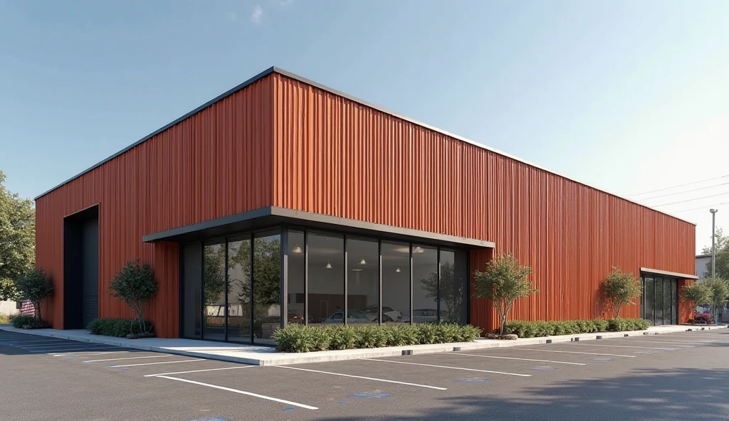 A modern industrial factory office building with clean and minimal design. The exterior is clad in vertically oriented corrugated metal panels in a uniform reddish-orange color. The metal cladding features evenly spaced, straight, parallel ridges that create a consistent wave pattern across the façade. The front of the building includes large floor-to-ceiling glass panels with black metal frames, allowing visibility into the interior. The building is surrounded by a wide, clean asphalt parking lot with clearly marked white lines. Sparse landscaping with a few small trees and plants enhances the modern look. The sky is clear and blue, suggesting a sunny day. Industrial yet elegant and functional architecture.

