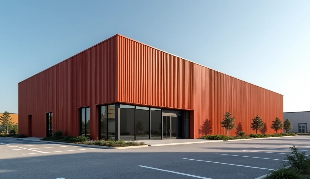 A modern industrial factory office building with clean and minimal design. The exterior is clad in vertically oriented corrugated metal panels in a uniform reddish-orange color. The metal cladding features evenly spaced, straight, parallel ridges that create a consistent wave pattern across the façade. The front of the building includes large floor-to-ceiling glass panels with black metal frames, allowing visibility into the interior. The building is surrounded by a wide, clean asphalt parking lot with clearly marked white lines. Sparse landscaping with a few small trees and plants enhances the modern look. The sky is clear and blue, suggesting a sunny day. Industrial yet elegant and functional architecture.

