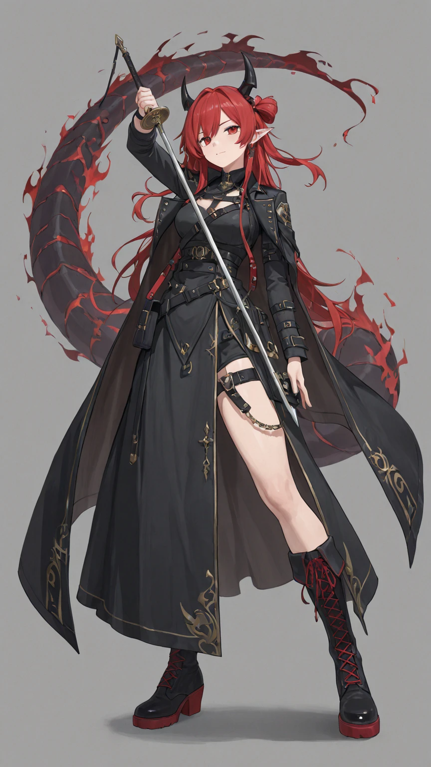 A tall woman, robusta, cabelos longos e negros, pale skin, red eyes and wears black armor with black details, wielding a chain linked to a black hook with red visages