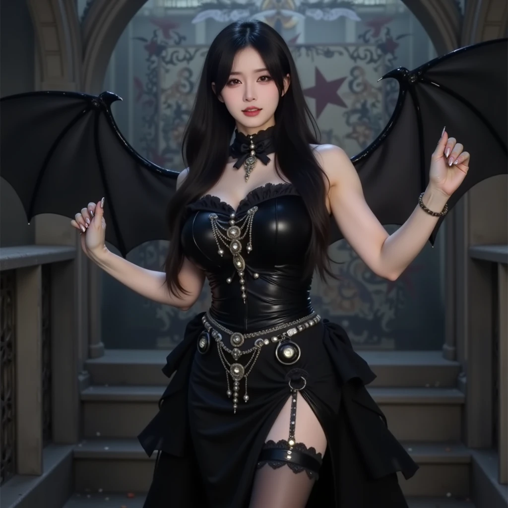 Full body Beautiful pretty girl in a black red dress with horns, Beautiful Succubus, gothic girl, Beautiful elegant demon queen., Evil has black angel wings., Succubus in a short-fitting dress, epic fantasy, captured on canon eos r 6, (Realistic face details), intricate detailed, Portrait of a beautiful girl, very high details, photo-hyper-realistic, 8k, UHD, hyperdetailed, (Dynamic Poses:1.4), background : dark castle , smoke , blazing fire look like hell, seduced face look like Anime , 