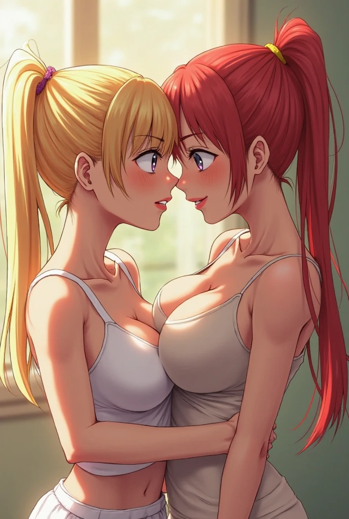 a beautiful school girl with blond hair in twin tails, purple eyes, wearing an open white shirt revealing a blue bra and blue panties, kissing another school girl with big breasts, red hair in a ponytail, dark blue eyes, wearing a dark red bra, (best quality,4k,8k,highres,masterpiece:1.2),ultra-detailed,(realistic,photorealistic,photo-realistic:1.37),extremely detailed eyes and face,longeyelashes,highres,extremely detailed,intricate details,beautiful detailed lips,beautiful detailed eyes,vibrant colors,dramatic lighting,fantasy art,anime style