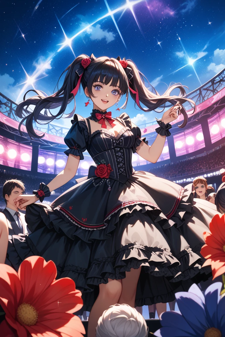 very cute and beautiful girl,(highly detailed beautiful face and eyes),(smile),happy,
black hair,hair accessory,looking at viewer,dancing,(looking back,from behind,from below),
(plaid scarlet idol costume like AKB48),teen akiba idol,detailed frills,
live stage,concert hall,spot light,
(best quality,masterpiece),absurdres,highres,ultra-detailed,extremely detailed,32k,8k resolution,
intricate details,cinematic scene,detailed background,solo,dynamic angle,
perfect hands,