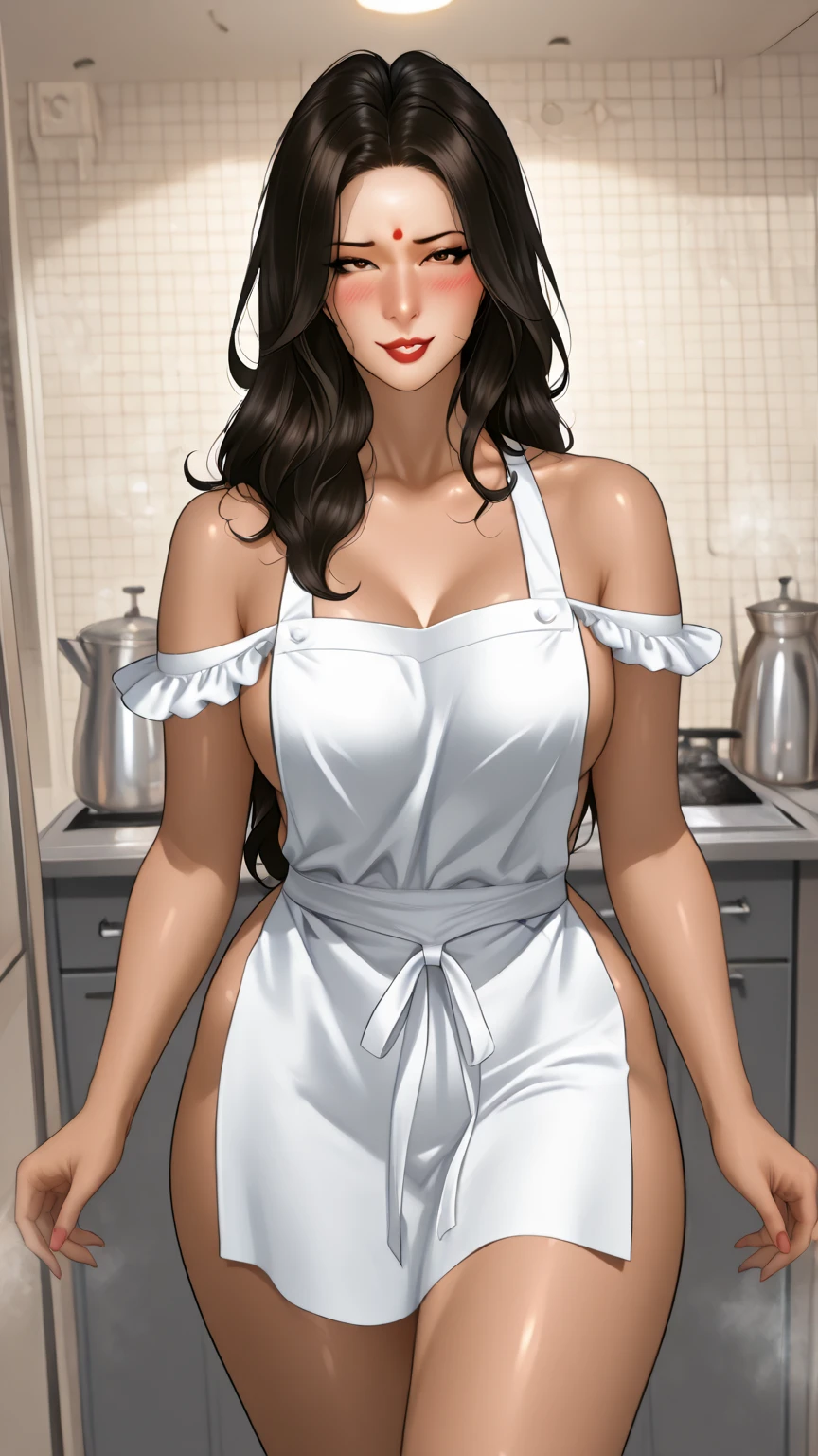 very detailed, Beautiful spanish woman, Erotic seductress Carmen Electra, Sexy and tight lace lingerie, cooking in a kitchen, art style by J. Scott Campbell, shiny skin, Thin waist, slender body, busty, very big breasts, perky tits, perfect booty, perfect and detailed eyes, full lips, garter belt, sheer thigh high stockings, shy and blushing face, sexual desire, high quality, ultra HD, SFW