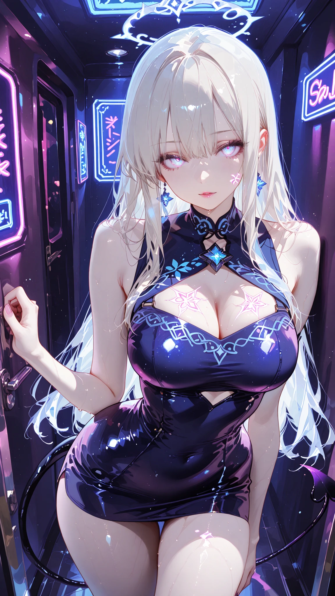 masterpiece, best quality, mature woman, long hair, white hair with green color inner, green eyes color, white gloves, anime, very_long_hair, perfect body, large_breasts, ultra-detailed, high quality, 1girl, 4k ,perfect hands, full body, great details, beautiful anime illustrations, 26 years old, white stockings, (((correct anatomy:1.5))), ((perfect hand:1.5, Ideal body proportions:1.37)), Good realistic skin:1.1, look at the audience:1.3, (Dynamic angle:1.3, Focus Target:1.3), (Many poses:0.0), (charming, Smile sexy too.:1.4), The picture in the middle:0.2, ((milf:1.5, alone:1.5)), wimple, white saintess dress