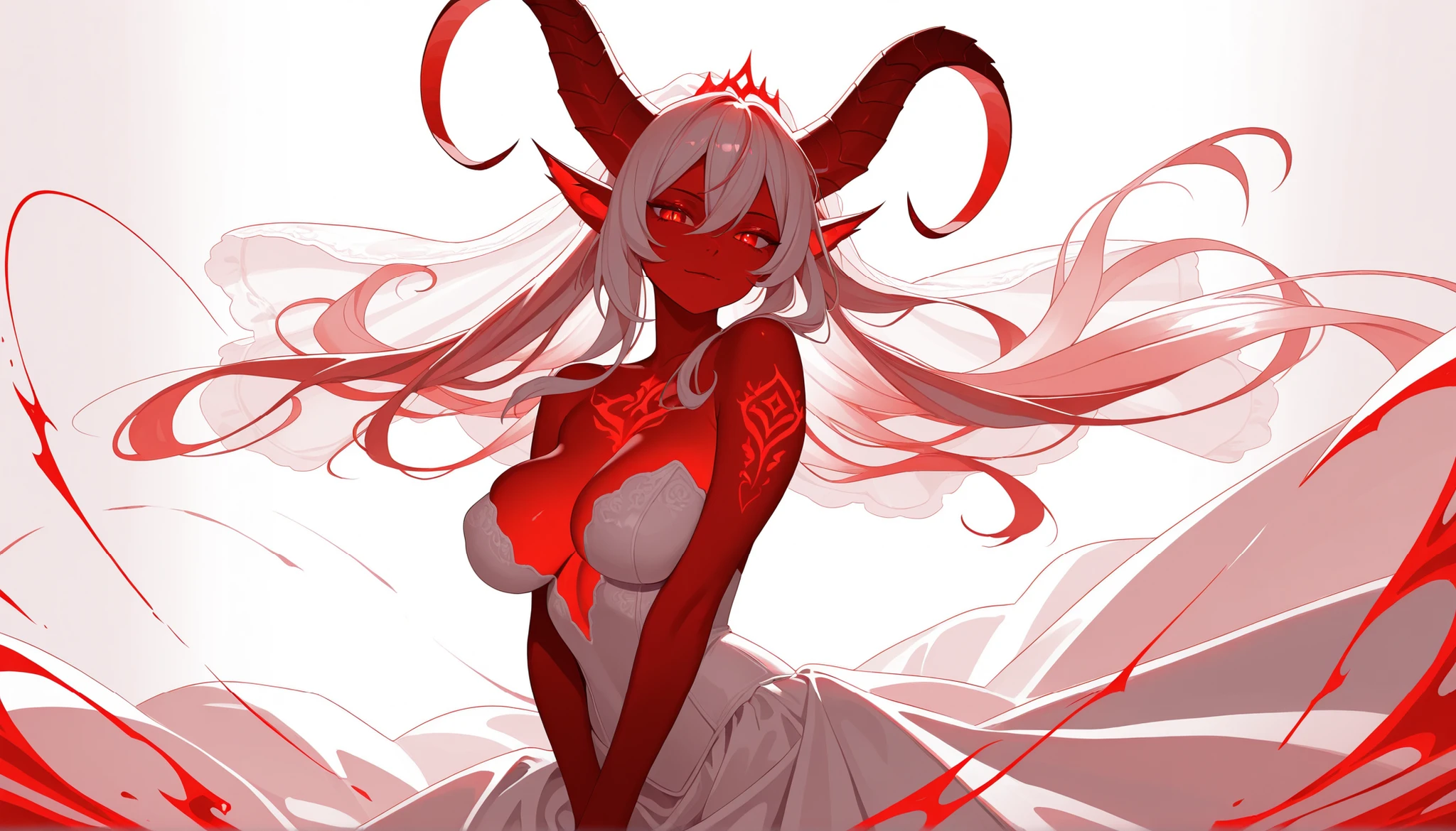 little red horns, (Masterpiece artwork:1.2, the best quality), (beautiful finely detailed eyes: 1.2), ((1 girl)), ((just)), (eyes browns:1.4), (finely detailed eyes and detailed face:1.3), (beautiful and clear background:1.2), (extremely detailed CG, ultra detaild, best shade:1.1), ((Depth of field)), breasts big, bared shoulders, flowers and petals, beautiful concept illustration, (White background:0.5), (illustration:1.1), (extremely thin and beautiful:1.1), (detalhes perfeitos:1.1), Yamato, White hair, Underarms, no bikini, (((breasts big))), legs thick
