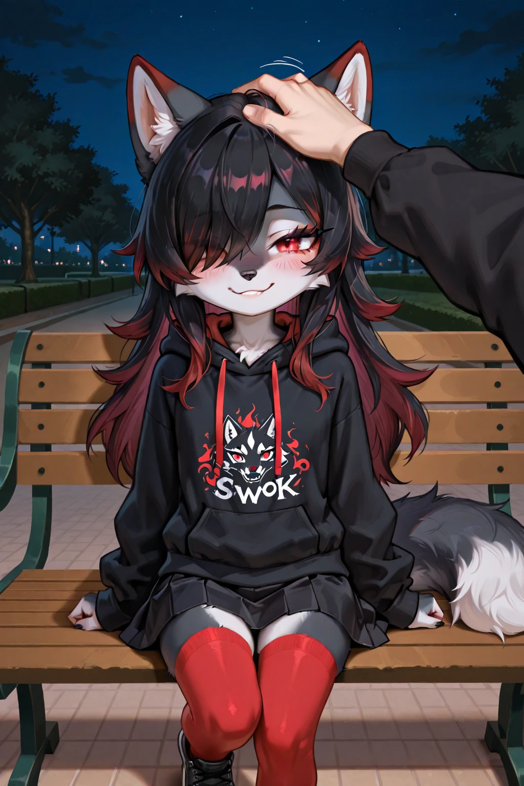 sharp wolf ears, 1boy, gold eyes, black pearlescent red hair, short messy hair, wolf tail, vibrant, HD, slim hoodie, boxers, toned, slim, fangs, black thigh socks, adult