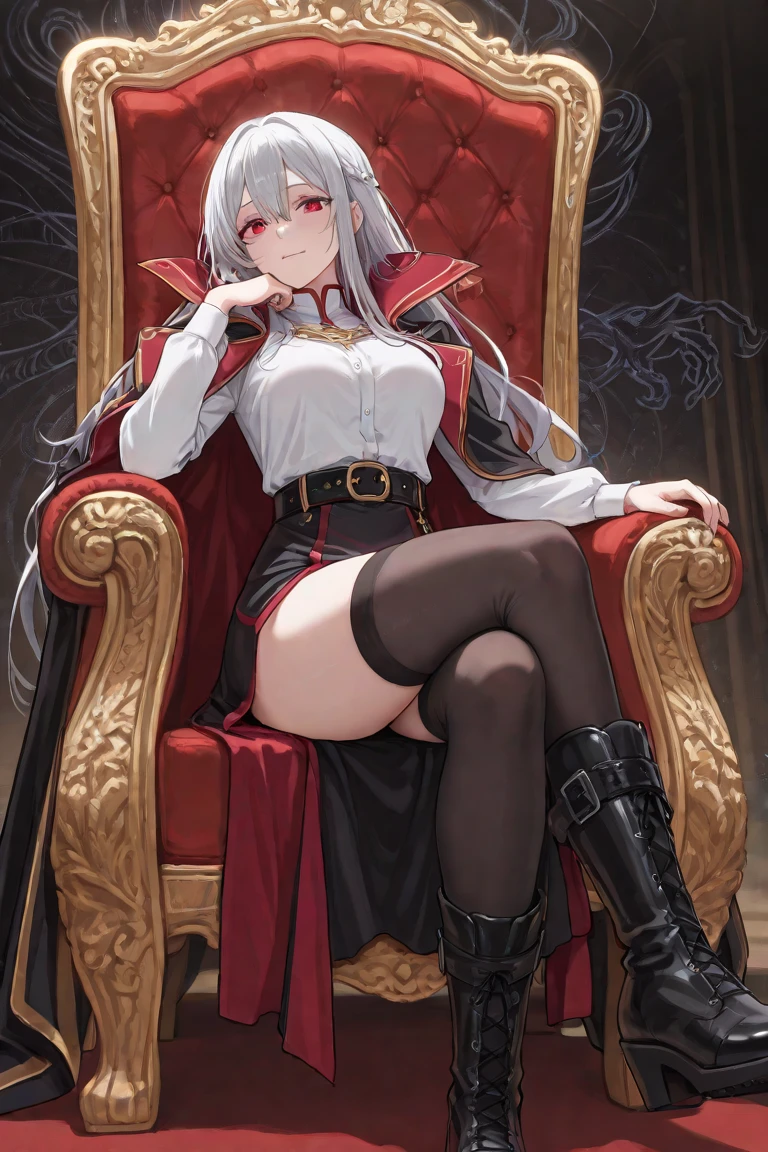 Best quality，masterpiece，a high resolution，Adult female, businesswoman, legs crossed, visible breasts apart, holding staff, white hair, long hair, yellow eyes, black coat, long pant, black pant, bloodborne style, sitting on throne.