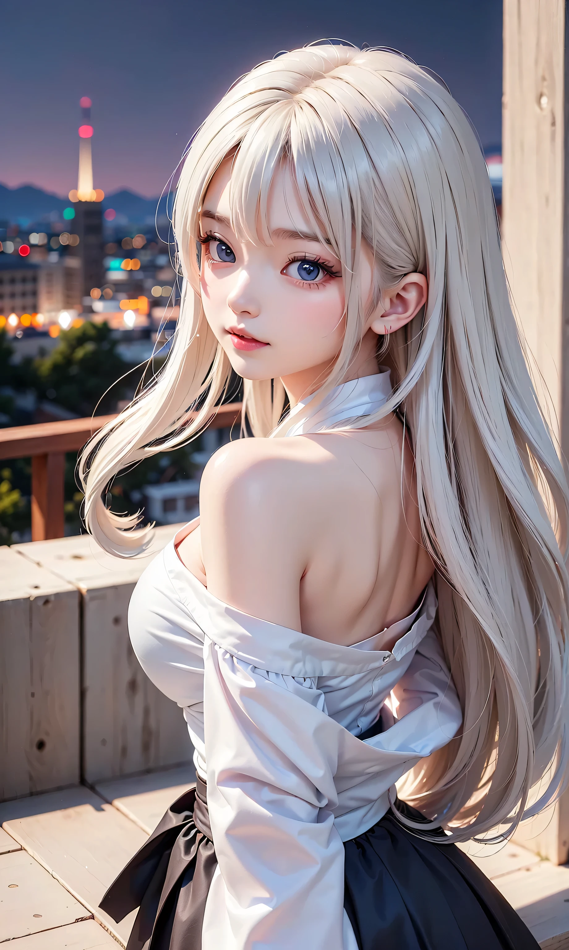 ((The theme is white, black, and night views))(the girl is pensive and twilight with the night view in the background。Side view of a girl looking down blankly at night view、物思いに耽り黄昏る少女をFrom the side映した写真。Mr.々and be faintly illuminated by the city's reflected light from the、shadows stretch for a long time。Apply a fantastic filter、Please make a photo that is realistic yet has an emotional vibe).((portrait:1.5)), There's a woman dressed in white, artwork in the style of グワイズ, Gwise Masterpiece , detailed digital anime art, WHITE BLONDE GIRL, gray hair, they have inserted a sky blue eyes, Pink Lips、 Off Shoulder、Urban Building Rooftop、((Late Night:1.3)), (From the side、beautiful profile)、Bold Poses