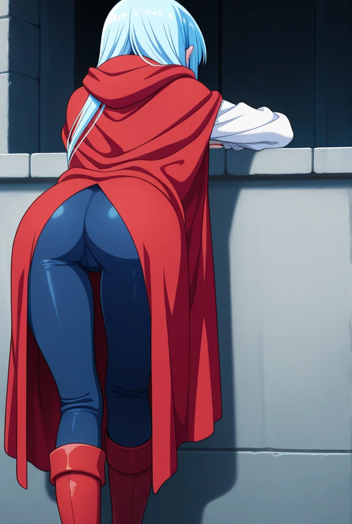 score_9_up, score_8_up, score_7_up, 1girl, solo, source_anime, hourglass figure, Big breasts, kemonomimi, bear ears, brown hair, short hair, messy_hair, blue eyes BREAK freckles, (cosplay), super girl cosplay, super hero, white bodysuit, cleavage cutout, red cape, blue gloves, pov hands, wavy mouth, blush, sweating, closed mouth, embarrased, front view, grabbing another's butt, standing, from behind, looking back, butt, outdoors, brick wall, daytime, (torn suit, torn cape)
