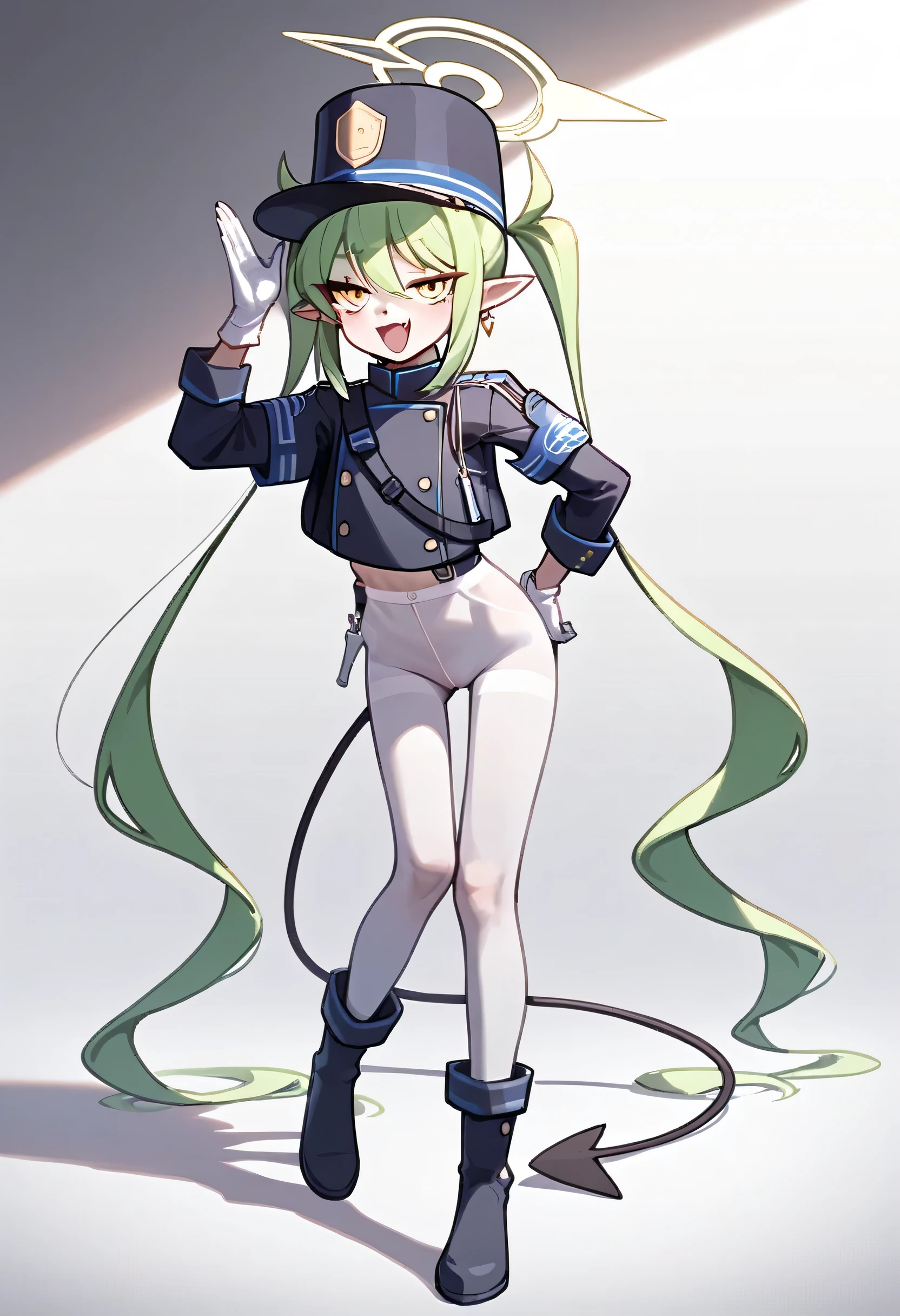 score_9,score_8_up,score_7_up,  best quality,nozomi \(blue archive\),1girl, halo, green hair , long twin tails , earrings, pointed ears, halo, Tail, jacket, belly , white pantyhose , Wristband ,white gloves , peak cap , long legs , boots, , hand on hip , casual stance 