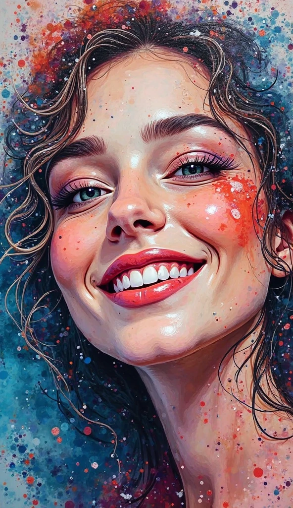 Abstract painting of a woman's face with a smile, abstract liquid ...