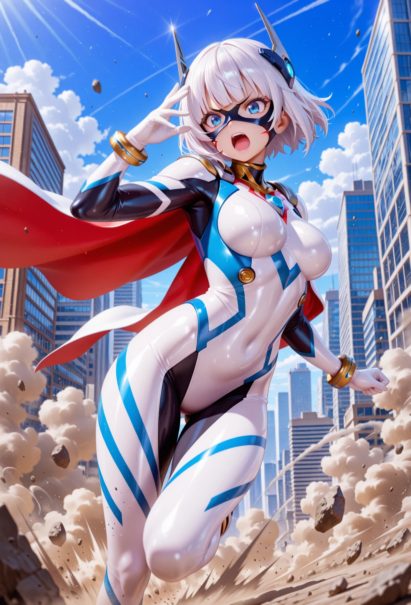 Top quality 8K UHD、pieces fly、whole body、short hair、high heels、fighting pose、silver hair、red glasses、pink eyes、earrings、whole body光沢のあるタイツ、Beautiful woman in a white metallic suit、whole bodyメタリックホワイトラバースーツ、side boob、High leg、black pantyhose，pink armor、Costume is damaged